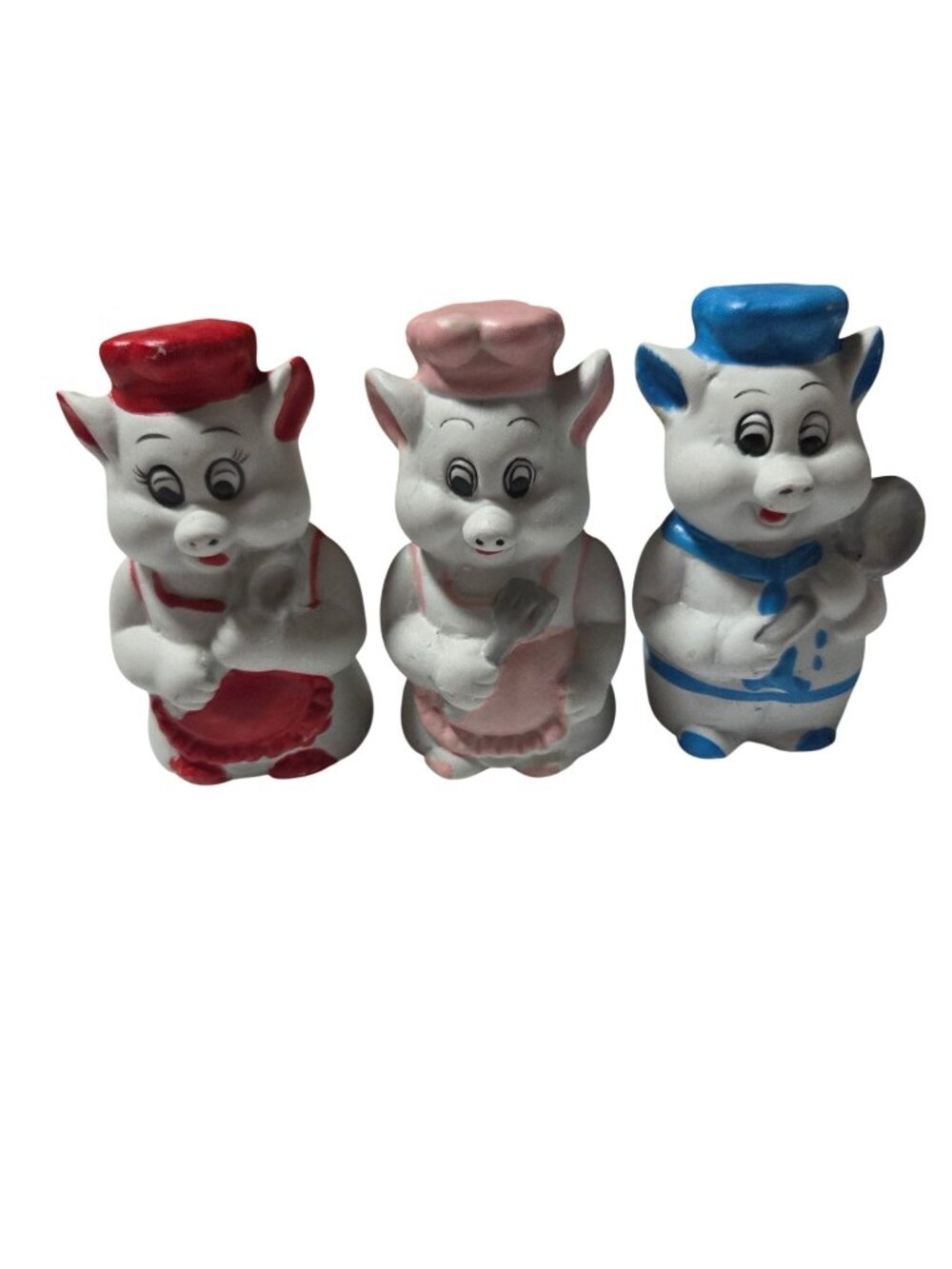 Vintage Three Little Pig Chef Figurines Red Pink Blue Ceramic Collectibles
